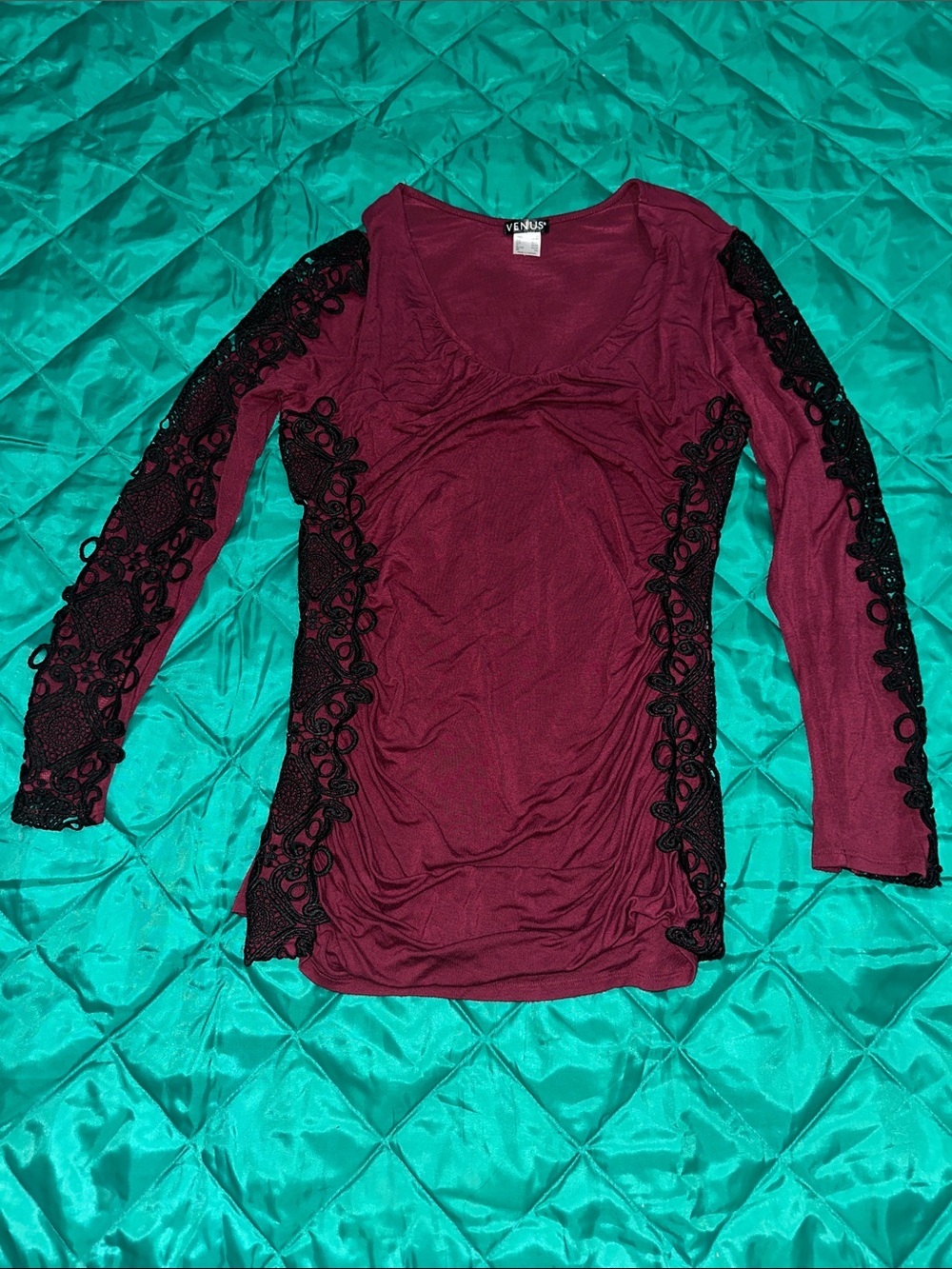 VENUS Burgundy Long Sleeve Top with Black Lace Inset